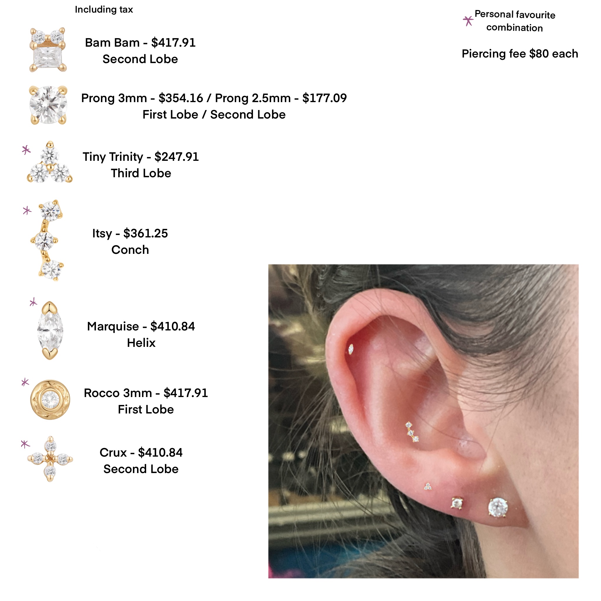 Placement dots marked on Michela's ear before piercing — anatomy-guided placement by Stab Daddy Bri