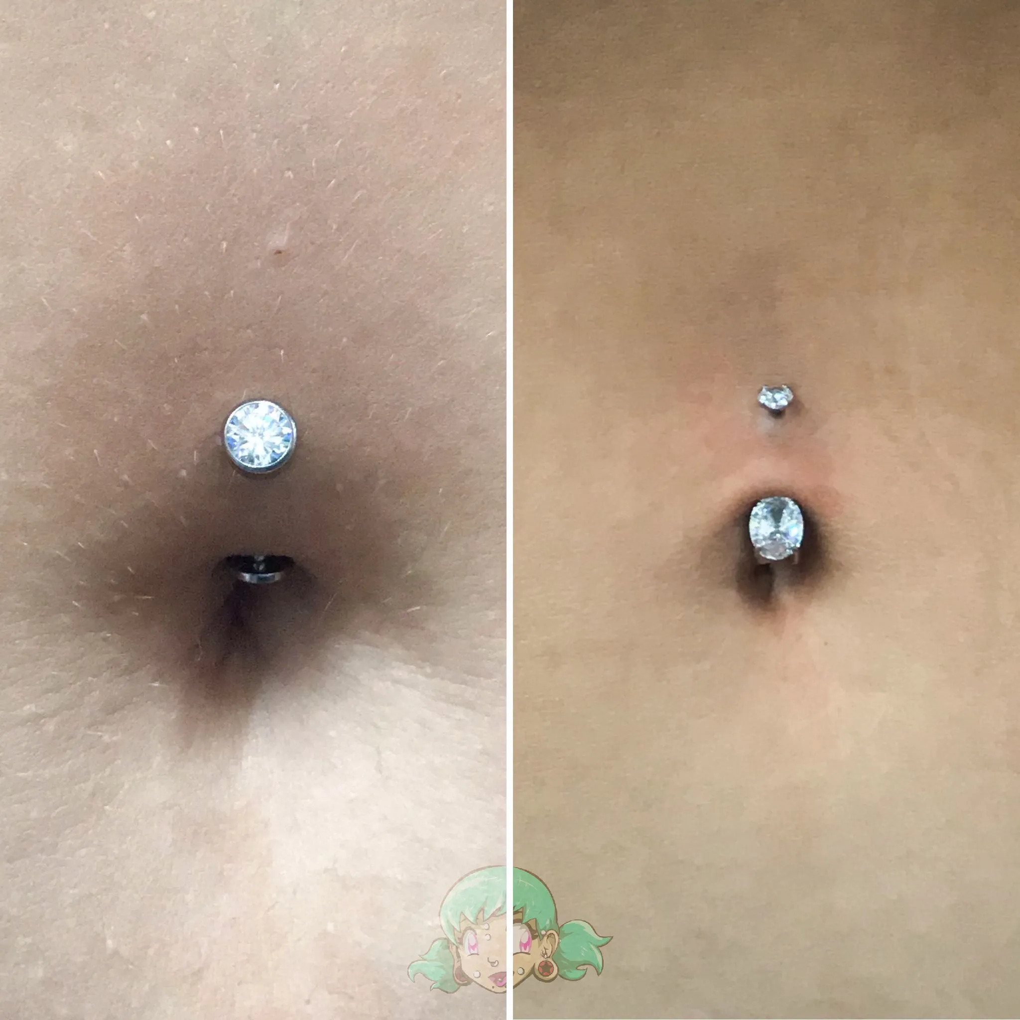 Traditional vs floating navel anatomy comparison — credit Sara Pierced Me at Brilliance Bay