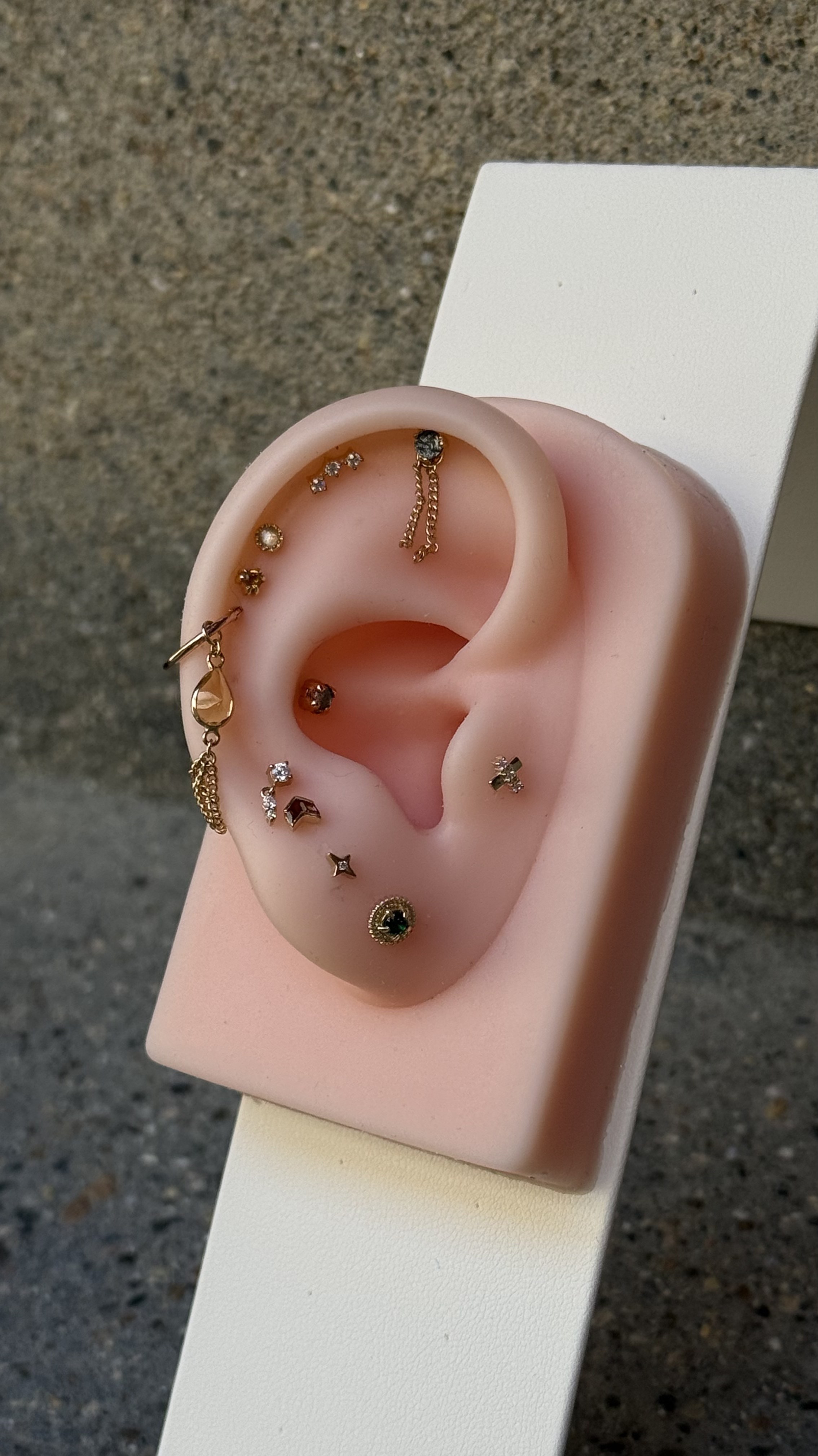 Silicone ear display showing gold piercing jewellery pieces