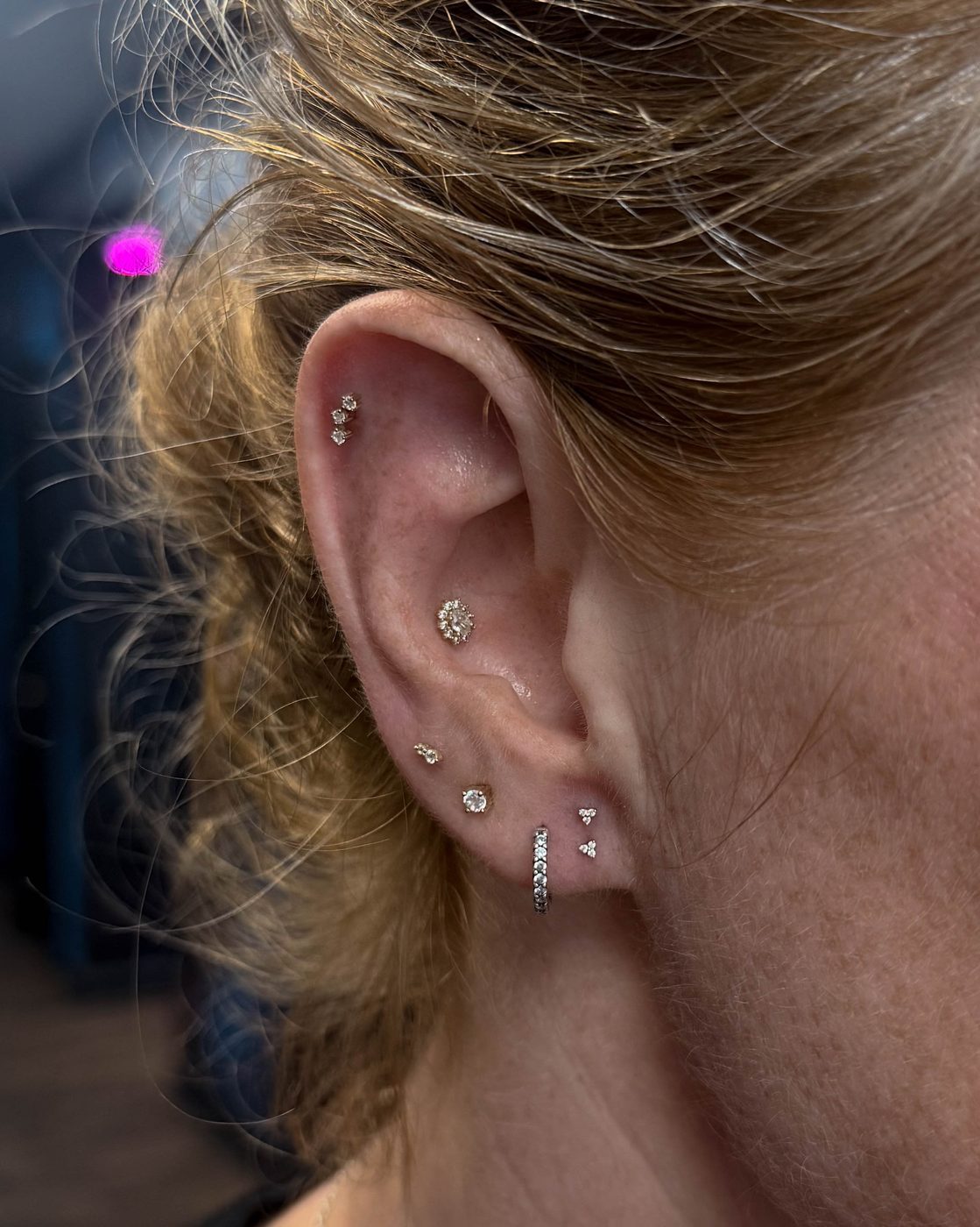 Ear curation featuring Double Pre Lobes, Second and Third Lobes, Conch and High Helix
