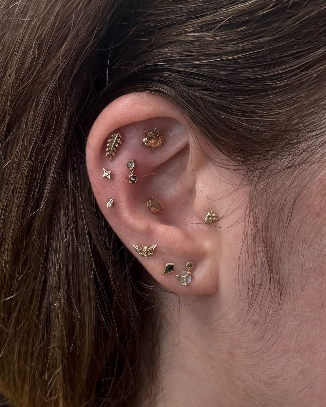Ear curation featuring First, Second, Third and Fourth Stacked Lobes, Tragus, Conch, Lower, Mid and High Helix, Flat and Faux Rook